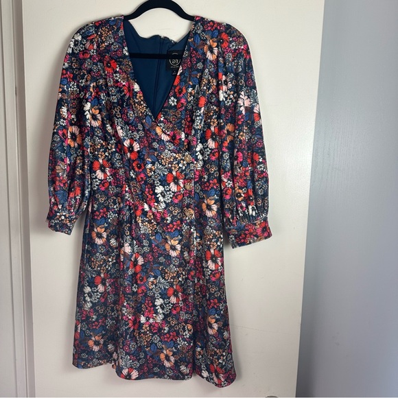 Sage Multicolored Velvet Floral Short Puffy Sleeve 3 Front Buttons Shift Dress S - Picture 6 of 16